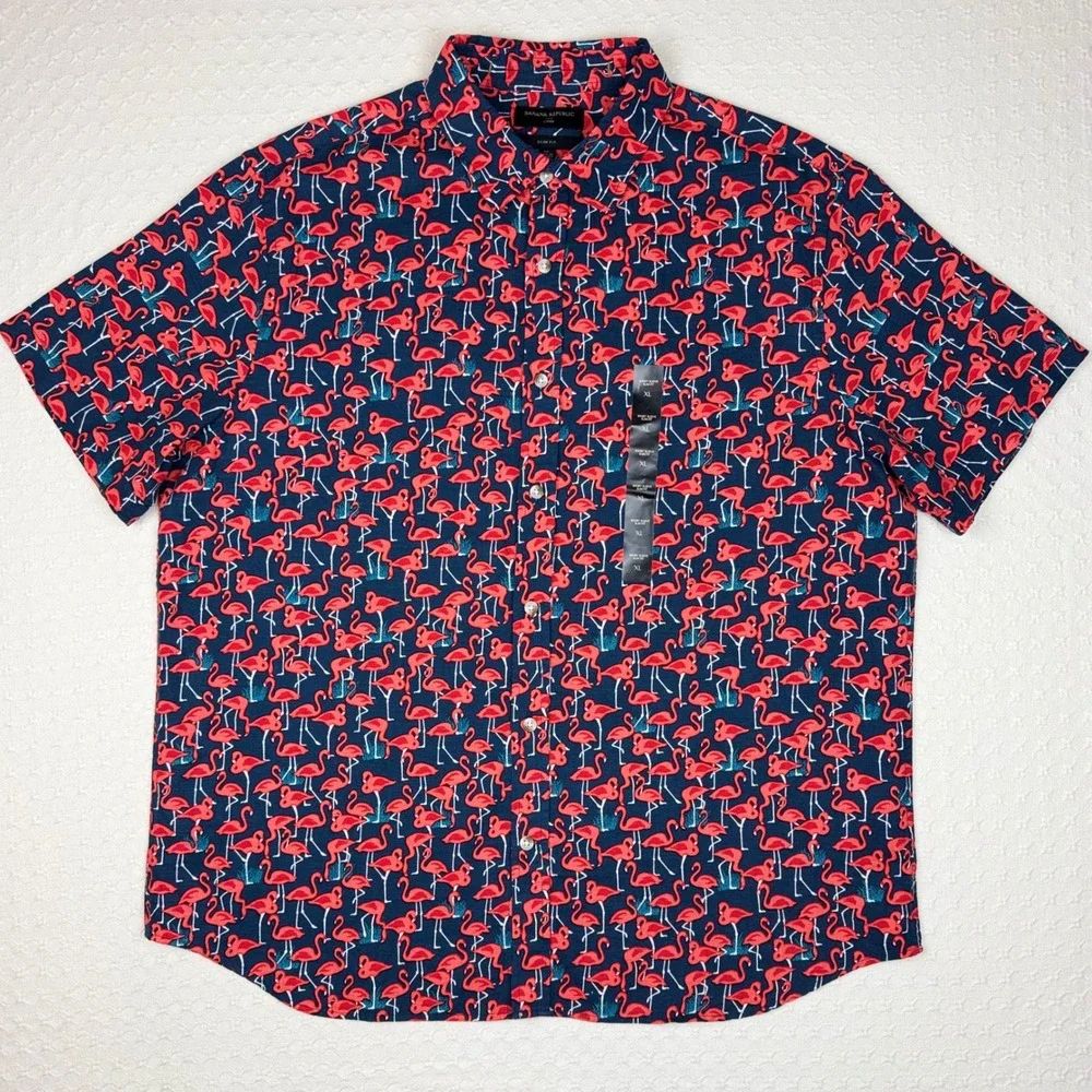 NWT Banana Republic Linen Blend Flamingo Shirt Slim Fit Mens‎ XL Navy Pink Red